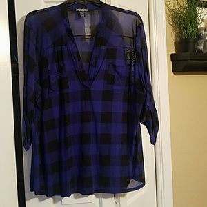 Blue and black plaid sheer blouse